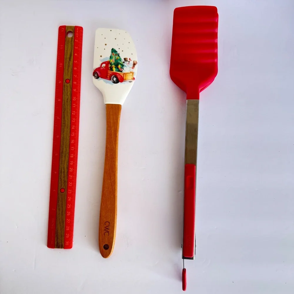 CWC Christmas Spatula and Tongs Set Silicone Wood Handle Holiday Kitchen Gadgets
